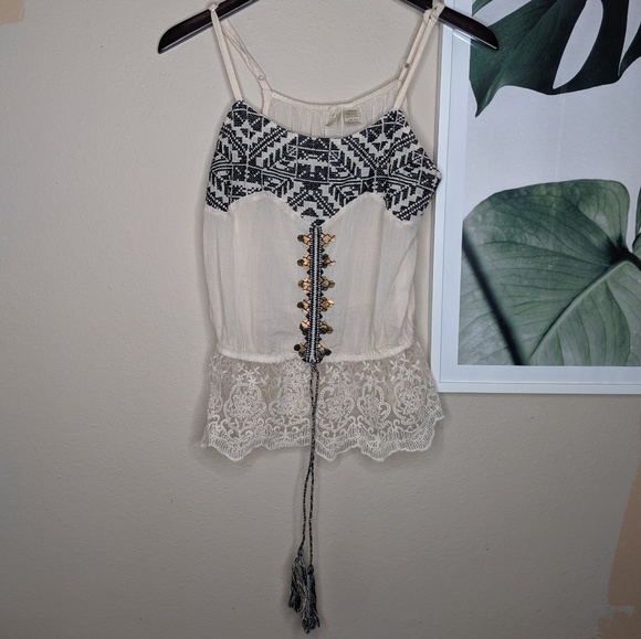 BKE Tops - BKE Sheer Boho Aztec Geometric Sequin Lace Cami
